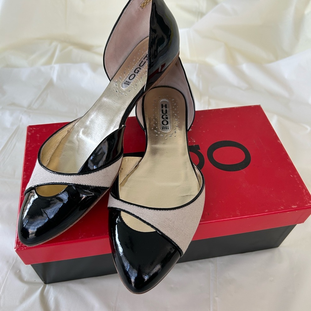 HUGO Women's Black and Cream canvas small Heels, size 38.5